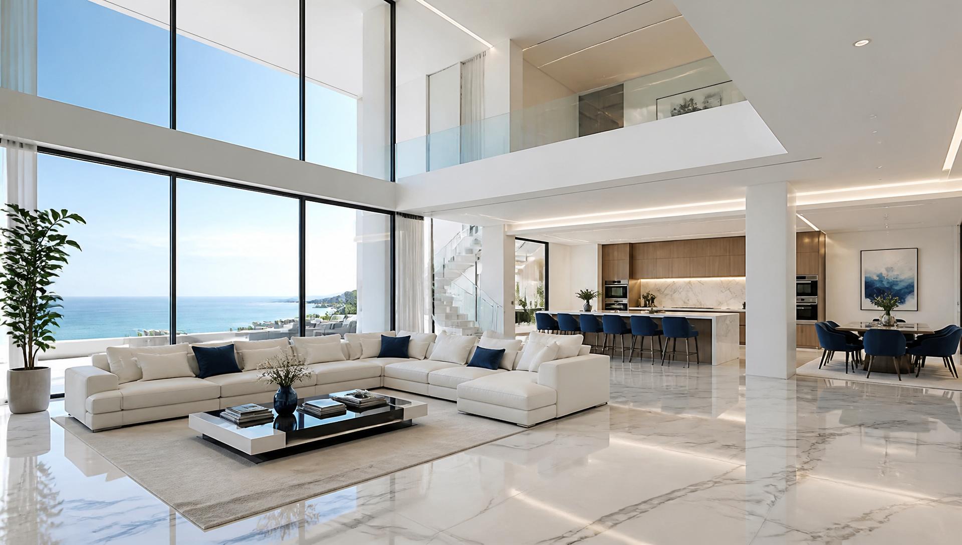 Ultra luxury modern home interior with minimalist design and expansive windows
